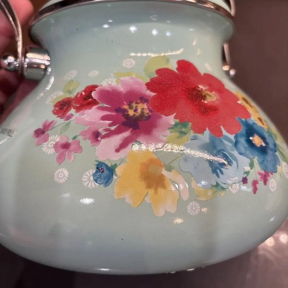 Teapot Pioneer Woman Breezy Blossom Enamel Steel 1.9 Qt Stovetop Tea Kettle - Picture 13 of 16
